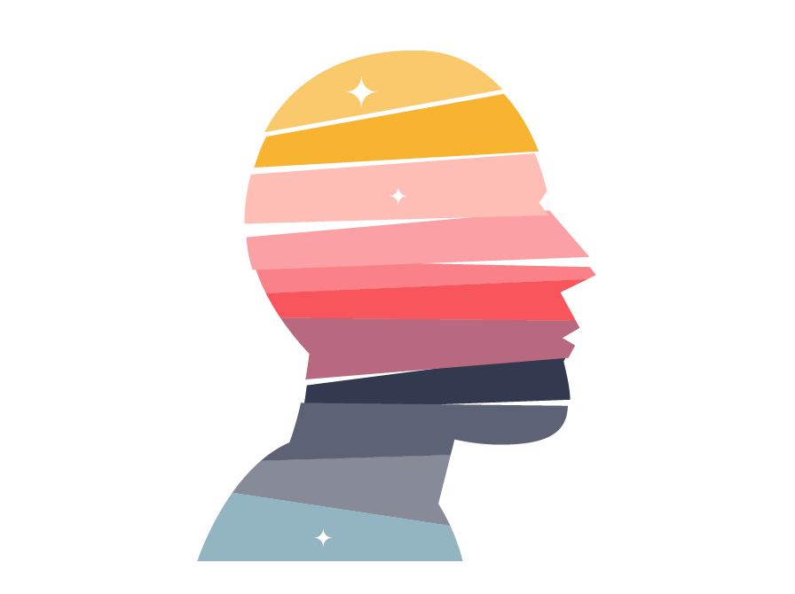 A silhouette side view made up of strips of various colours