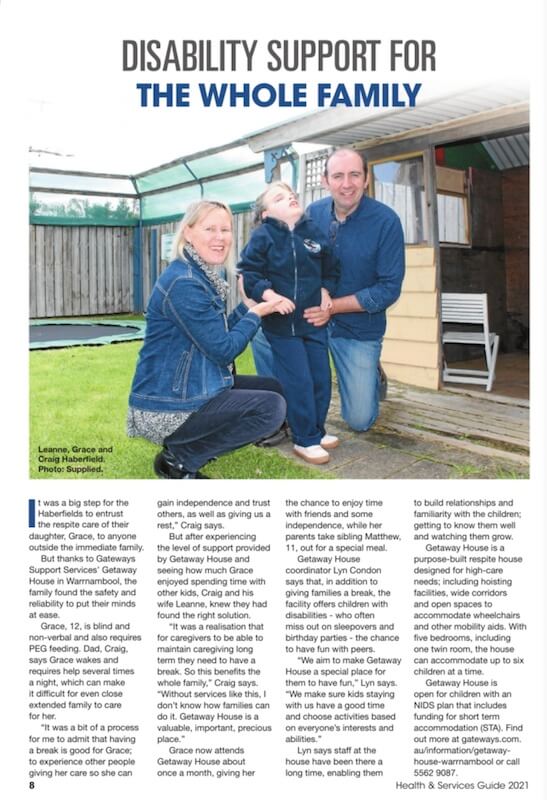 Media clipping from Warrnambool Standard Health and Services Guide entitled, 'Disability support for the whole family'. Image links to article on page 8.