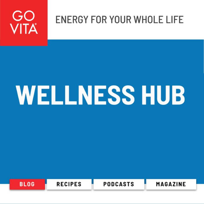 Branding for GoVita Wellness Hub. Text across top reads: Energy for your whole life. Tabs across the bottom are blog, recipes, podcasts, magazine. Links to GoVita blog.