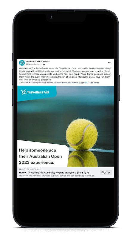 Sample social media post from the campaign with image of tennis ball and heading text, 'Help someone ace their Australian open 2023 experience'.