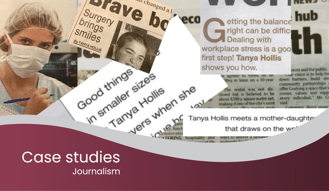 Collage of Tanya Hollis' media clippings and bylines