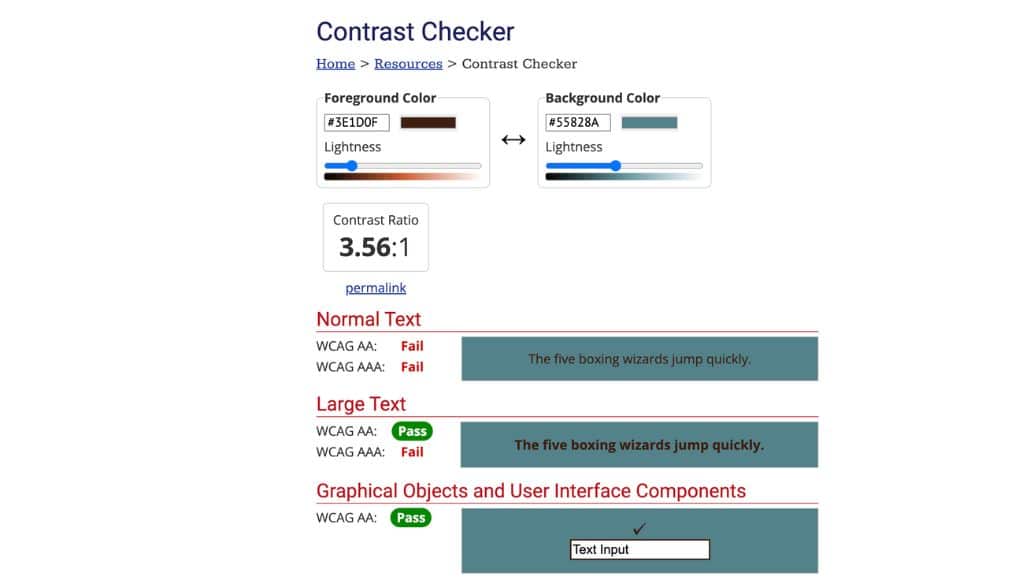 Screenshot of the WebAIM Contrast Checker testing a colour combination. Image links to the tool on WebAIm's website.