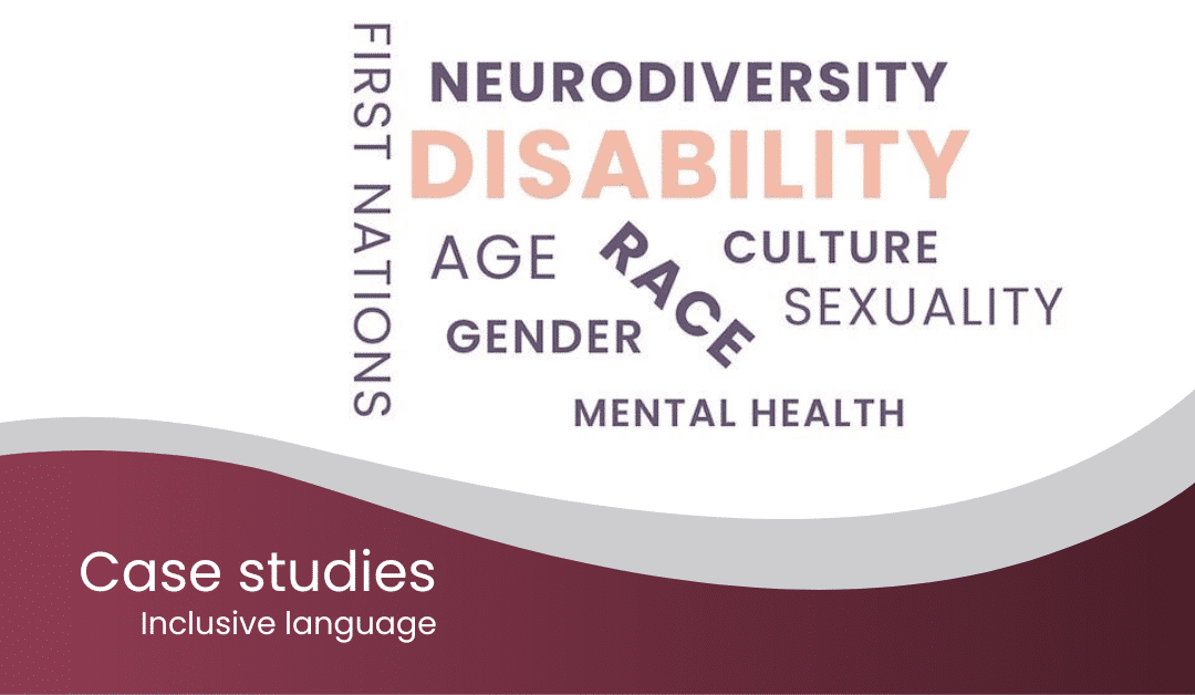 A word cloud that includes First Nations, neurodiversity, disability, age, gender, race, mental health, culture, and sexuality.